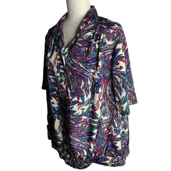 Vintage Paisley Pullover Top XL White Buttons Collar Elastic Waist Short Sleeves - Picture 3 of 7